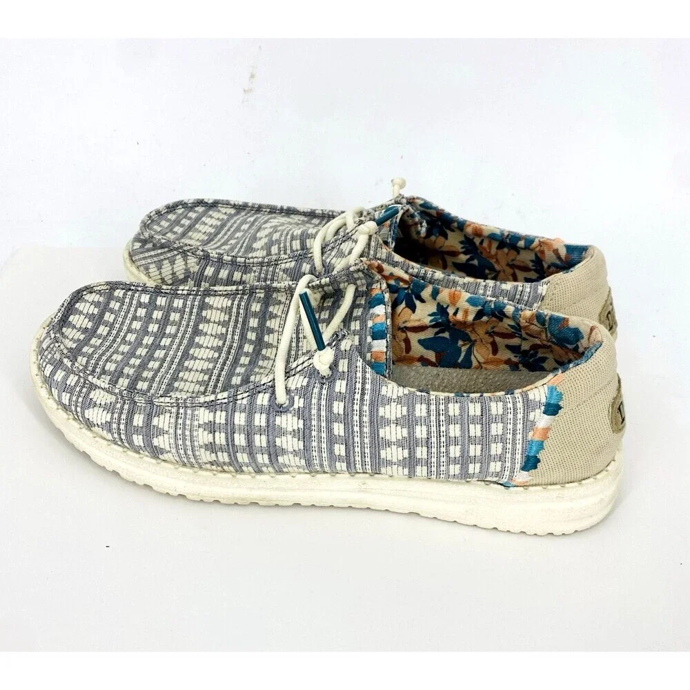 Hey Dude Wendy Boho Embroidery Slip On Shoes Grey Womens Size 7 Casual Mock Toe
